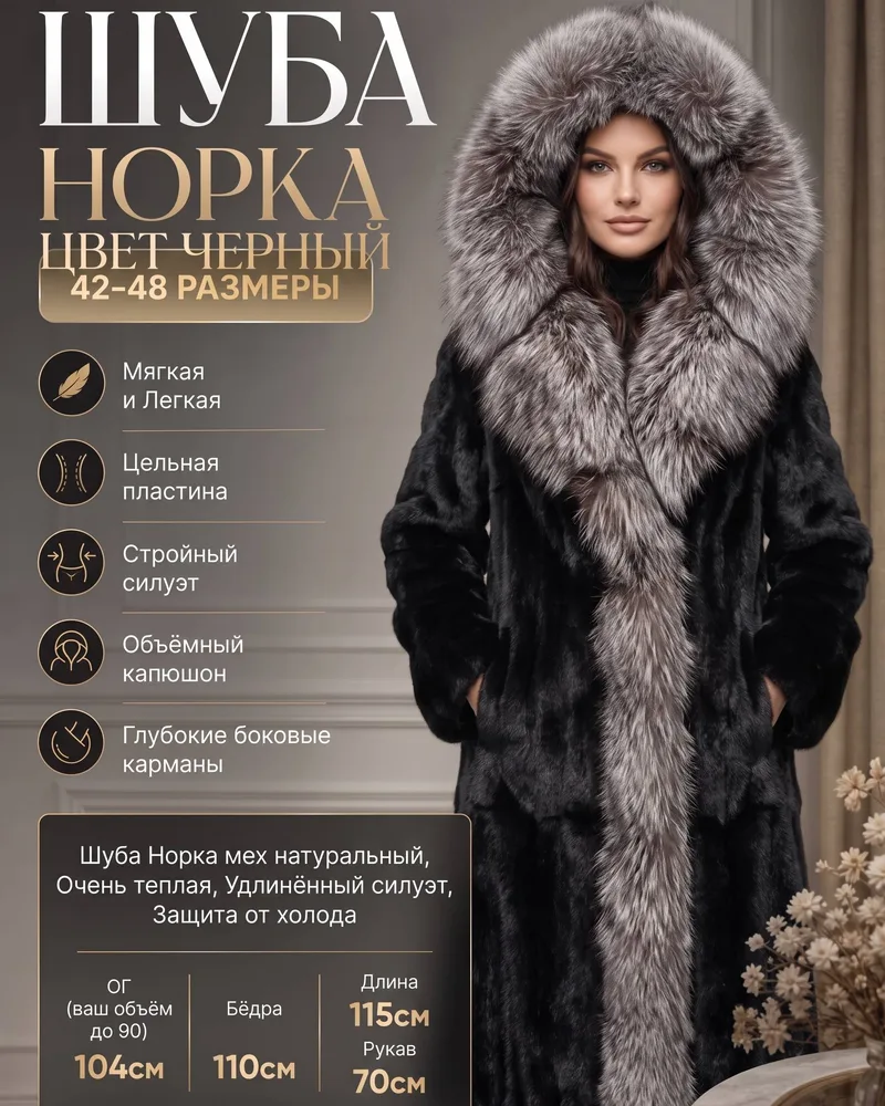 Шуба Норка Макси Чёрная